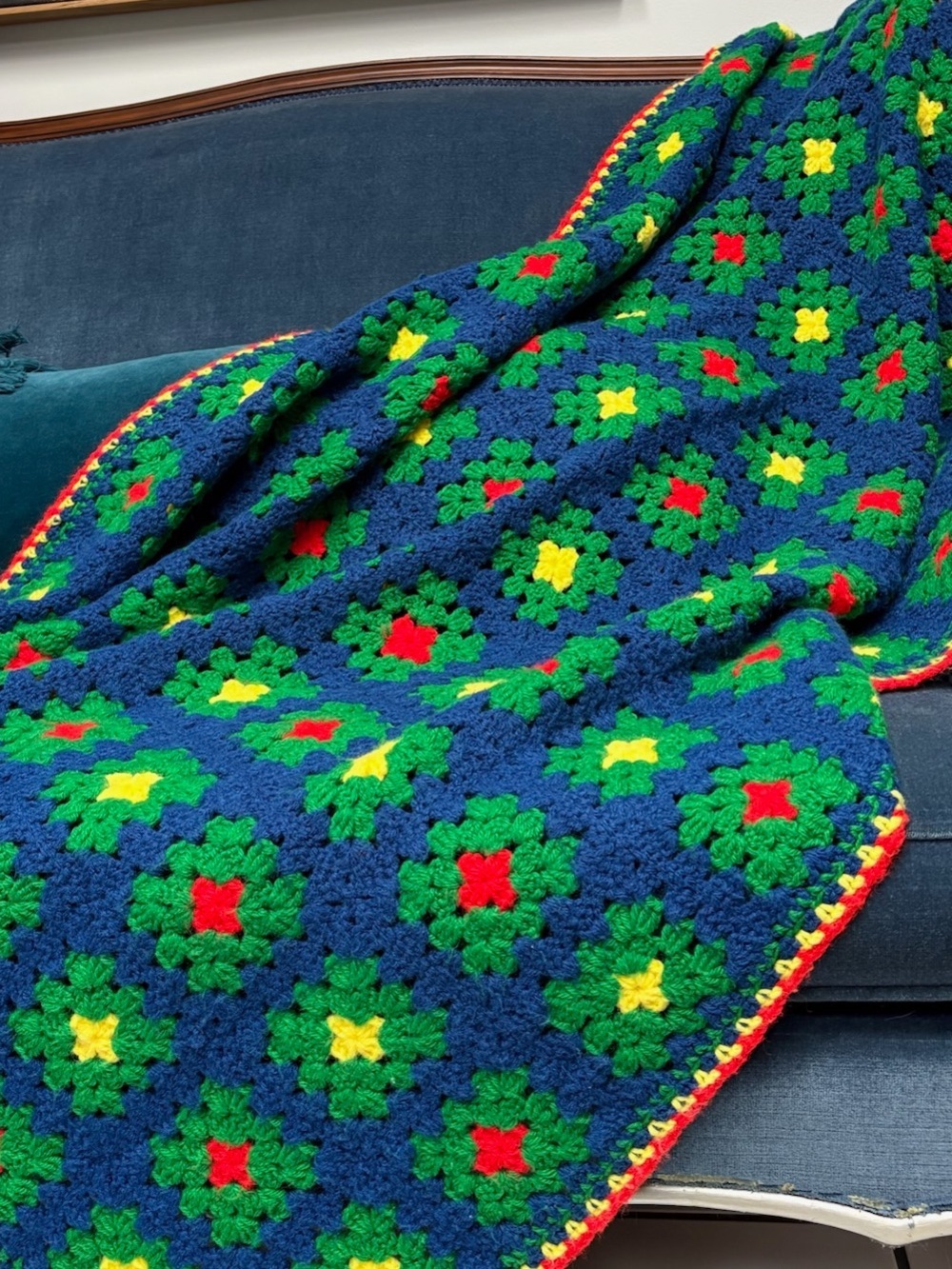 Vintage Granny Square Crochet Blanket Blue Green Multicolor Throw Blue Green Red